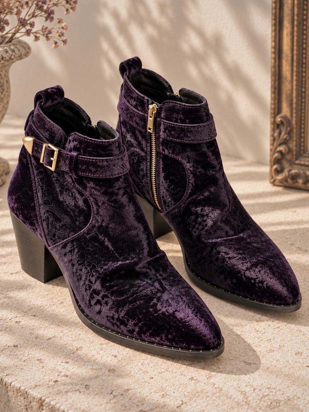 Topshop Premium Purple Velvet Western Ankle Boots EU 40